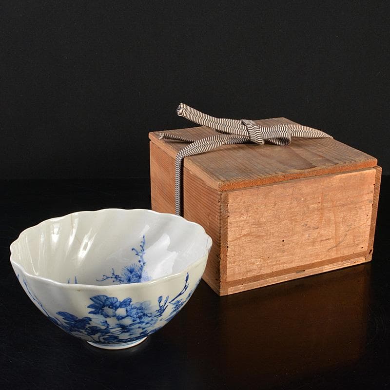 瀬戸焼 六代加藤紋右衛門 還情園池紋製 染付 花文 茶碗 時代箱 M R7451