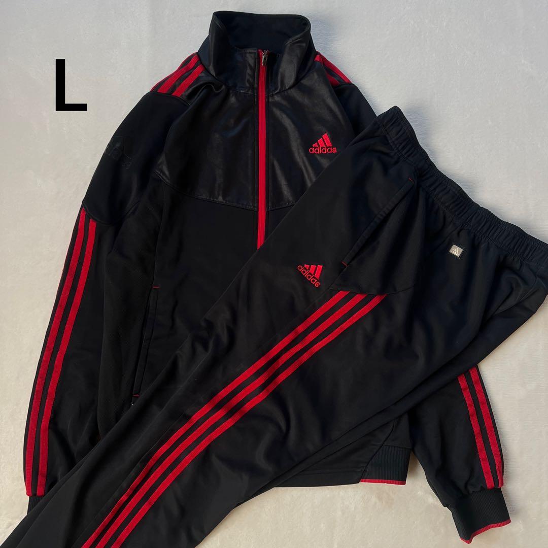 adidas アディダス L ジャージ上下 セットアップ 黒ブラック 赤レッド