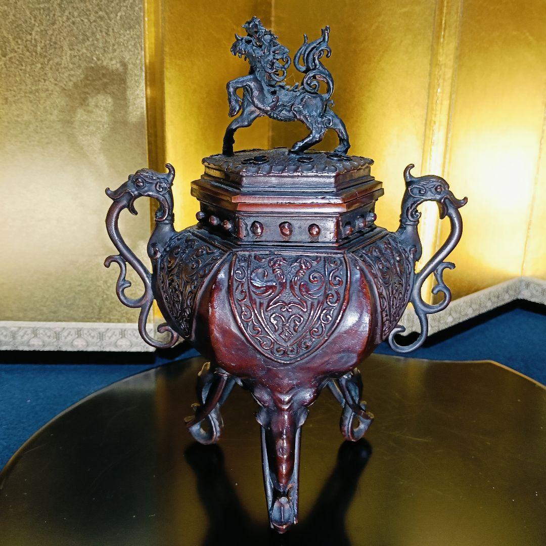 AL5 香保 金工師 香炉 蝋型 高岡銅器 麒麟摘 象足 三足 共箱 - メルカリ