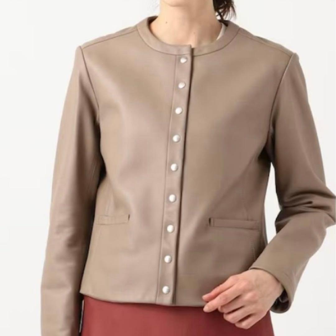 美品 23区 ノーカラーシープレザージャケット スナップボタン 36