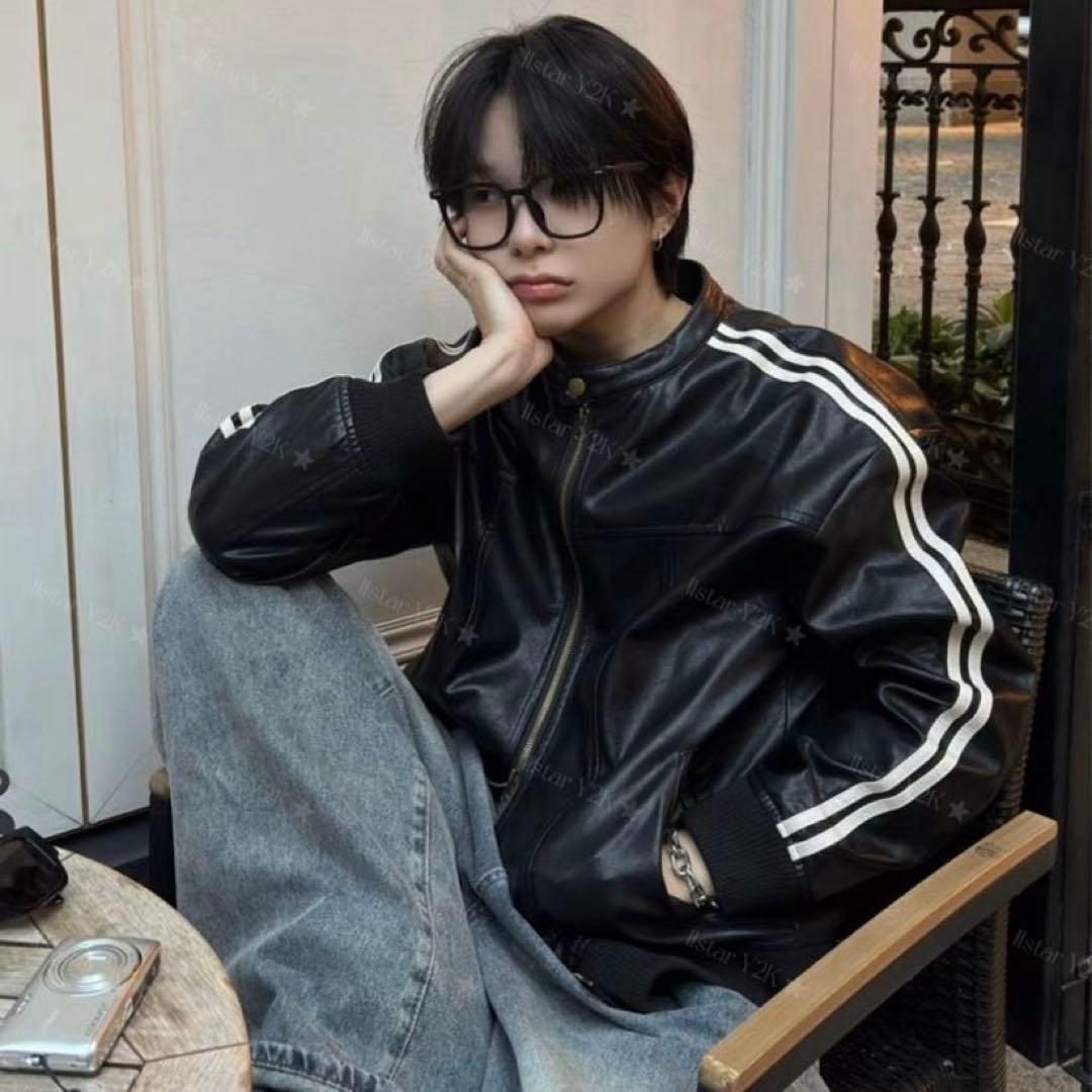 ジャケット・アウター Y2k line leather jacket black Luvcode xu Leather Jacket Y2K | Y2K Wave