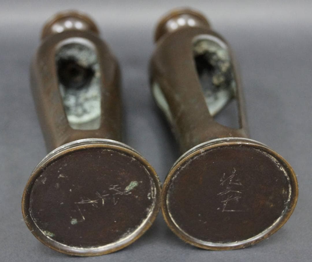 古銅製 龍文堂造 燭台 蝋燭立 一対/茶道具 夜咄道具 仏具☆時代物