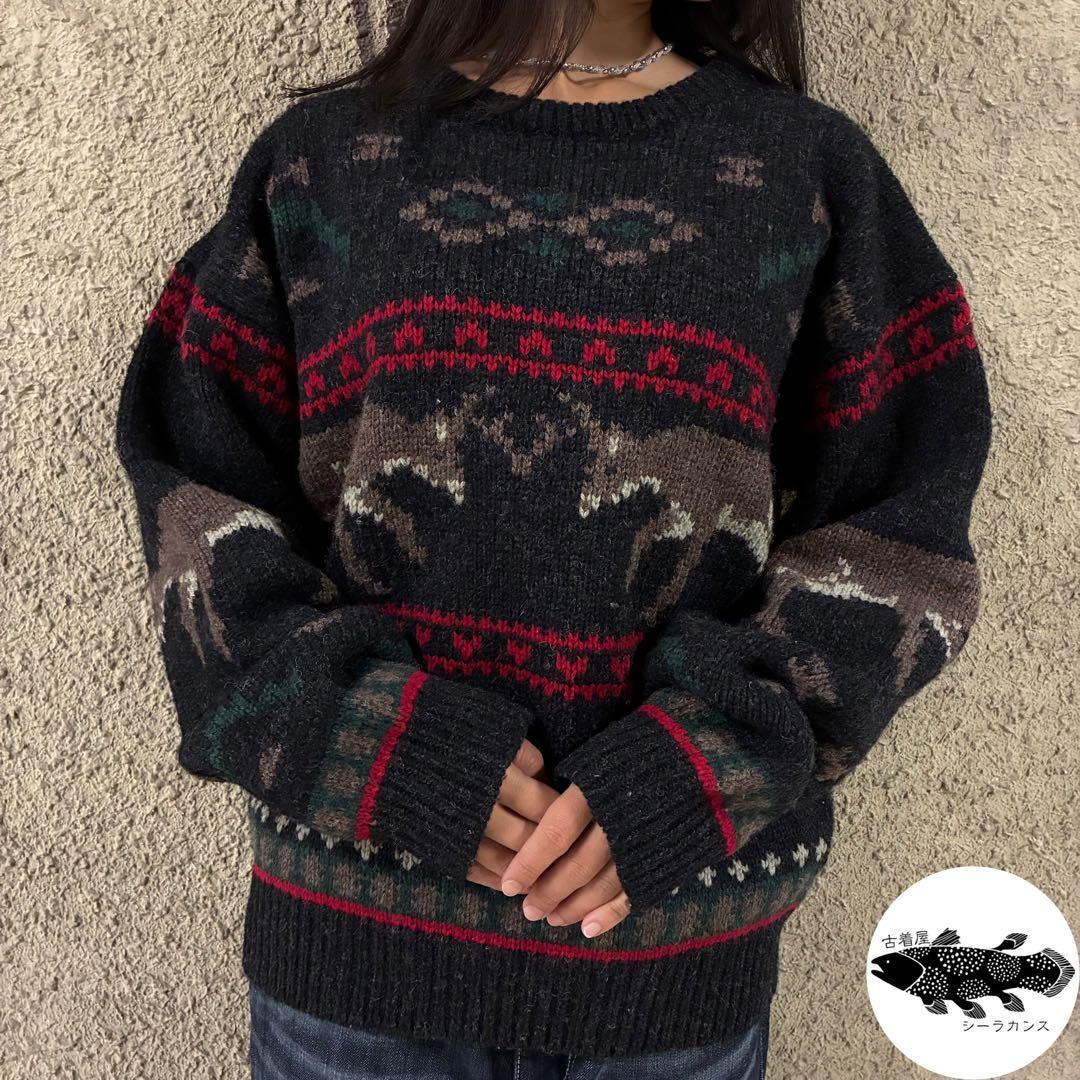 90s⭐︎Woolrich ウールリッチ ニット 鹿柄 バーズアイ ウール M