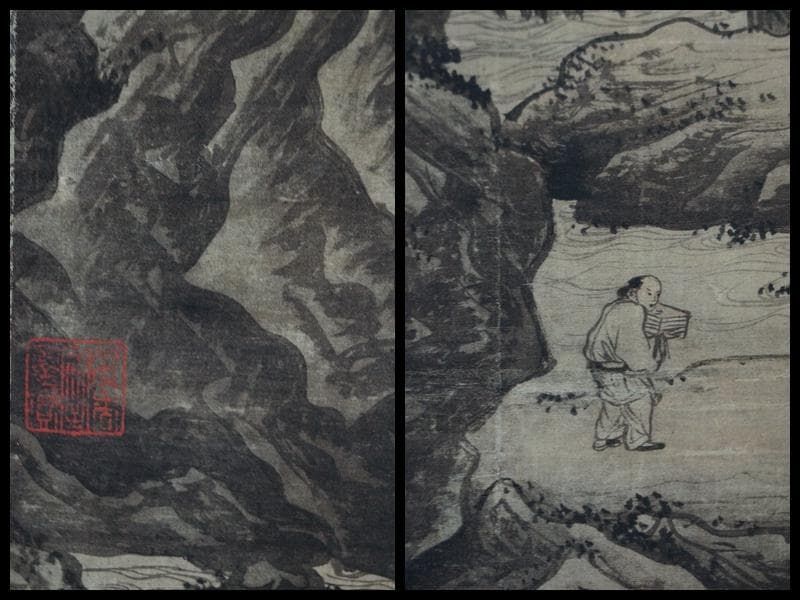 複製】明 唐寅『歩渓図』絹本掛軸 茶室掛 共箱 故宮博物院監製 山水図