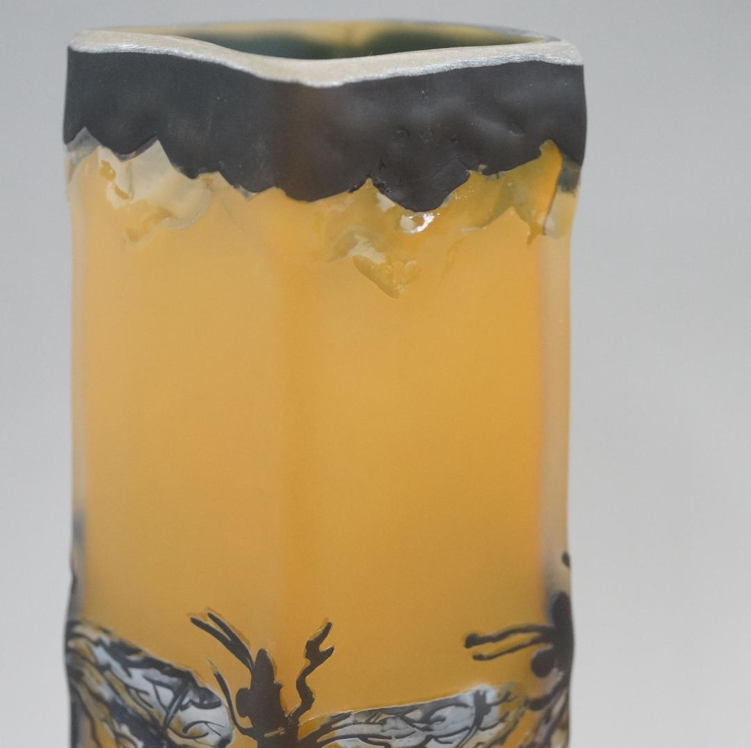 証明書】 エミール ガレ 特大 蜻蛉文 花器 花瓶 技法スフレ 被せガラス