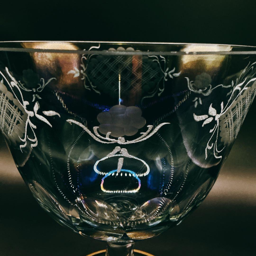 イタリア製 クリスタル ガラス アンティーク 脚付 24金 切子 ブルー