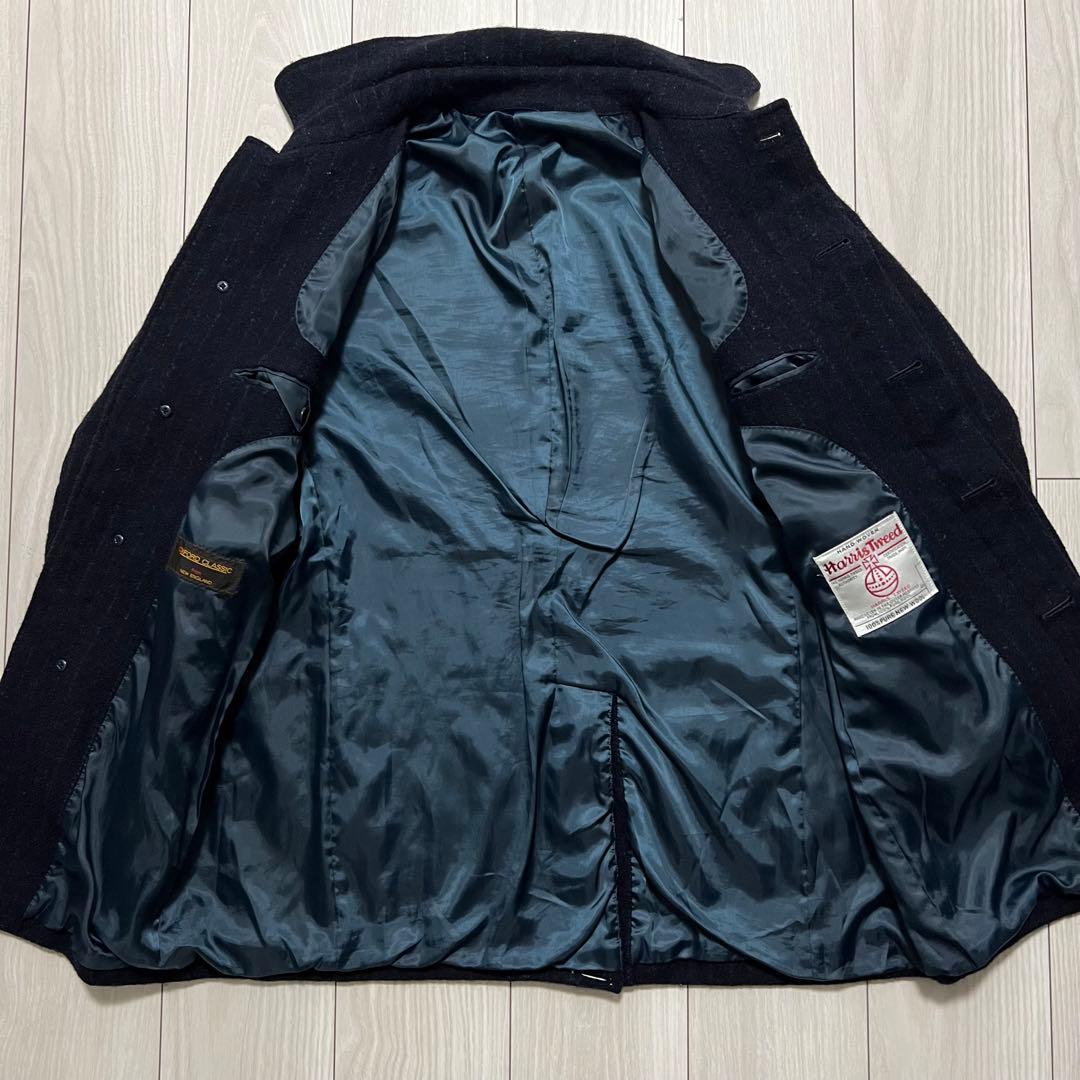 極美品✨️ハリスツイード ウール コート 紺 ストライプ イングランド