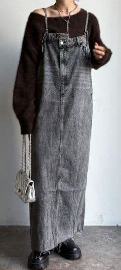 DouDou裾フリンジデニムジャンスカ　グレー DouDou（ドゥドゥ） ワンピース 裾フリンジデニムジャンスカ