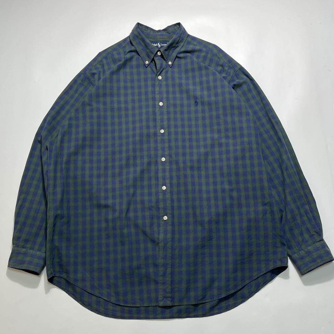 90s ラルフローレン 長袖BDシャツ XL ブレイク 紺緑 チェック 7869