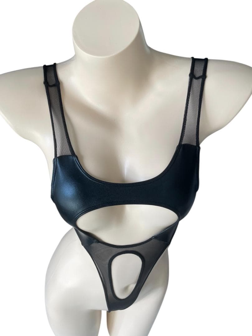 レオタード　ハイレグ　穴あき　光沢ブラック×シアーブラック