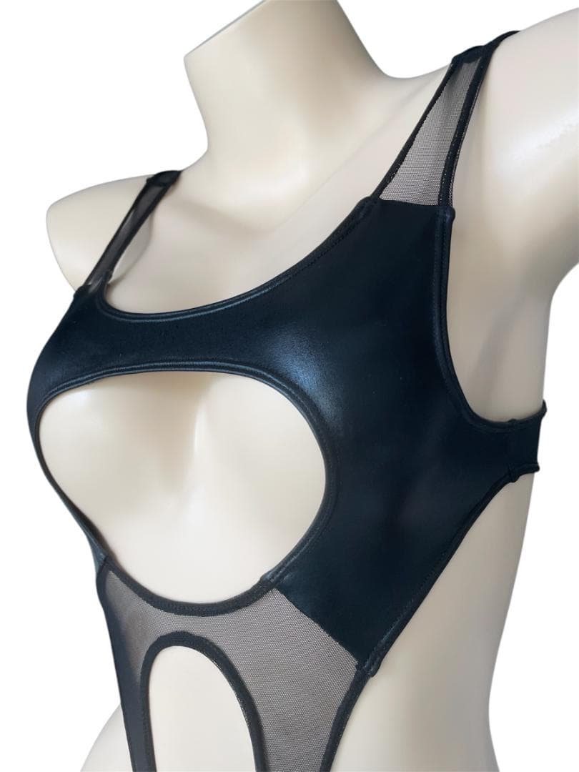 レオタード　ハイレグ　穴あき　光沢ブラック×シアーブラック