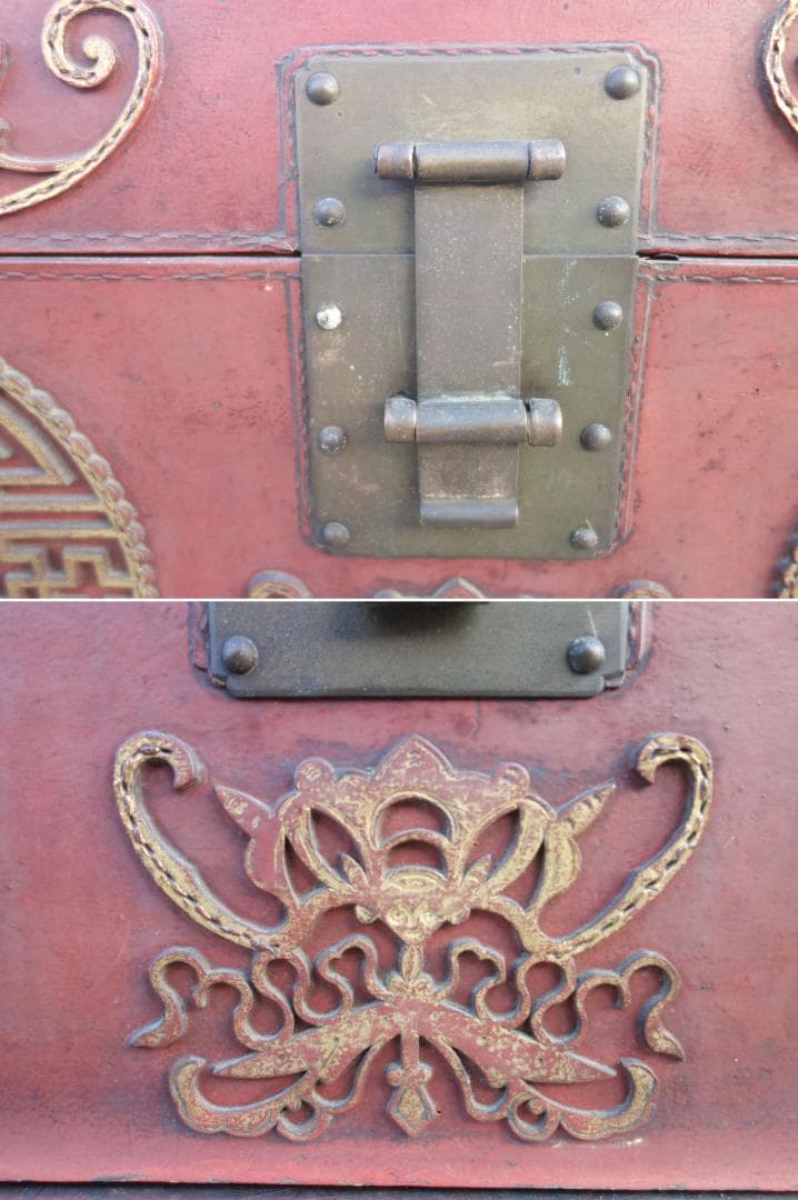 K▽中国 志那 赤 かばん 箱 収納 衣装ケース 薬箱 革 行李 (38922