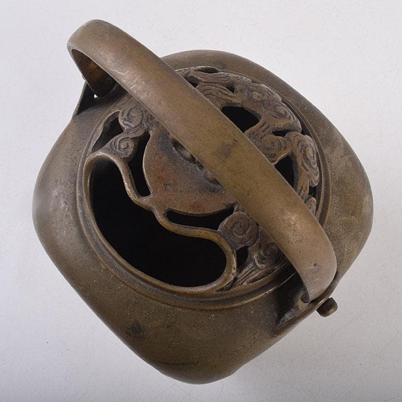 中国 古銅 饕餮文 持ち手付 墨壷 透かし蓋香炉 V R8871