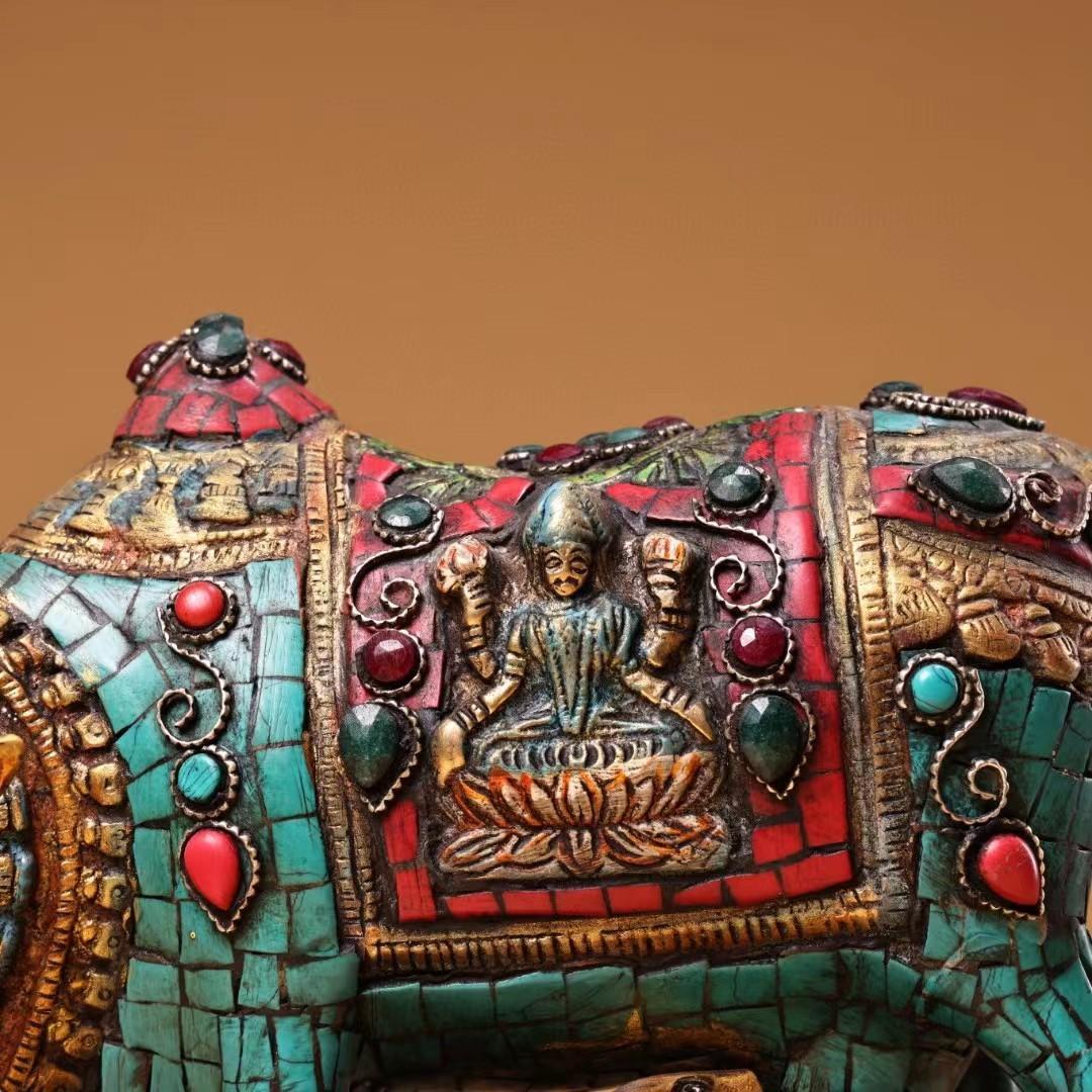 中国古美術・旧蔵チベット純銅親子牛の平安牛・純手作り・彩絵描金・