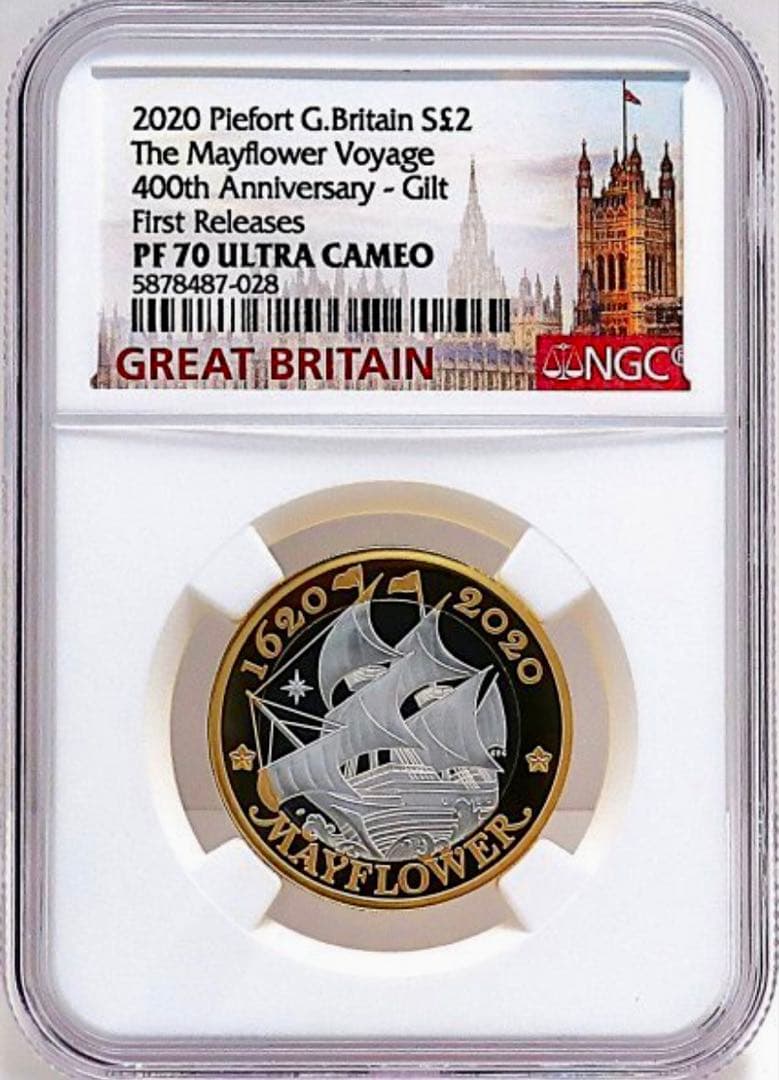 2020年 イギリス メイフラワー号出航400周年記念 2色金メッキプルーフ