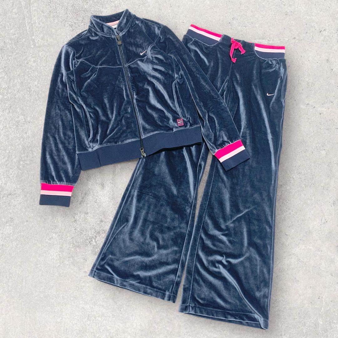NIKE ナイキ セットアップ ジャージ ベロア ネイビー ピンク S 00s☆NIKE/ナイキ☆ジャージ☆セットアップ☆上下セット☆グレー