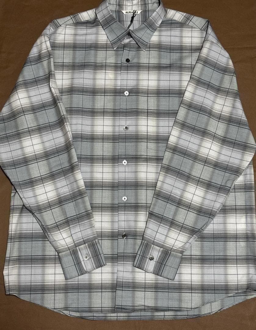 トップス AURALEE SUPER LIGHT WOOL CHECK SHIRT 5 AURALEE Gray Super Light Wool Check Shirt Auralee