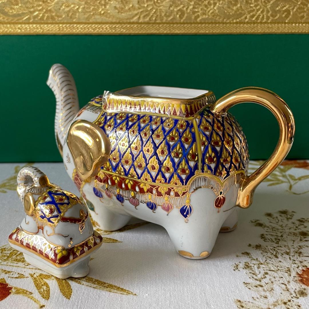 ベンジャロン焼き ティーセット 象ポット 小カップ5個 箱付き タイ雑貨