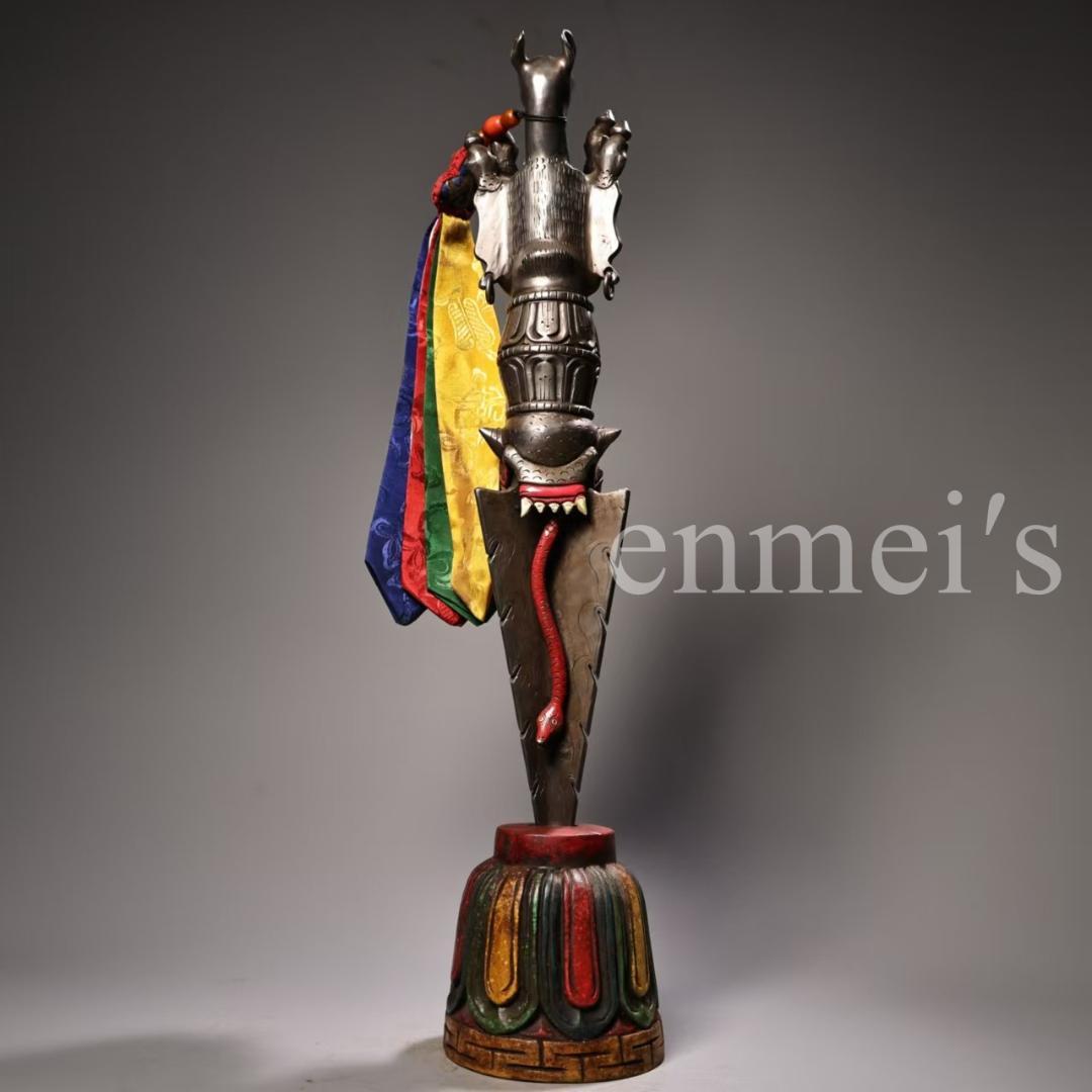 中国古美術・蔵伝工芸・寒鉄彩絵金剛降魔杵・手工錾刻・文房置物・鎮宅