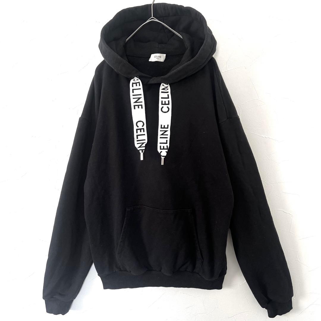 celine セリーヌ ルーズフーディ パーカー メンズ ブラック 黒 紐ロゴ