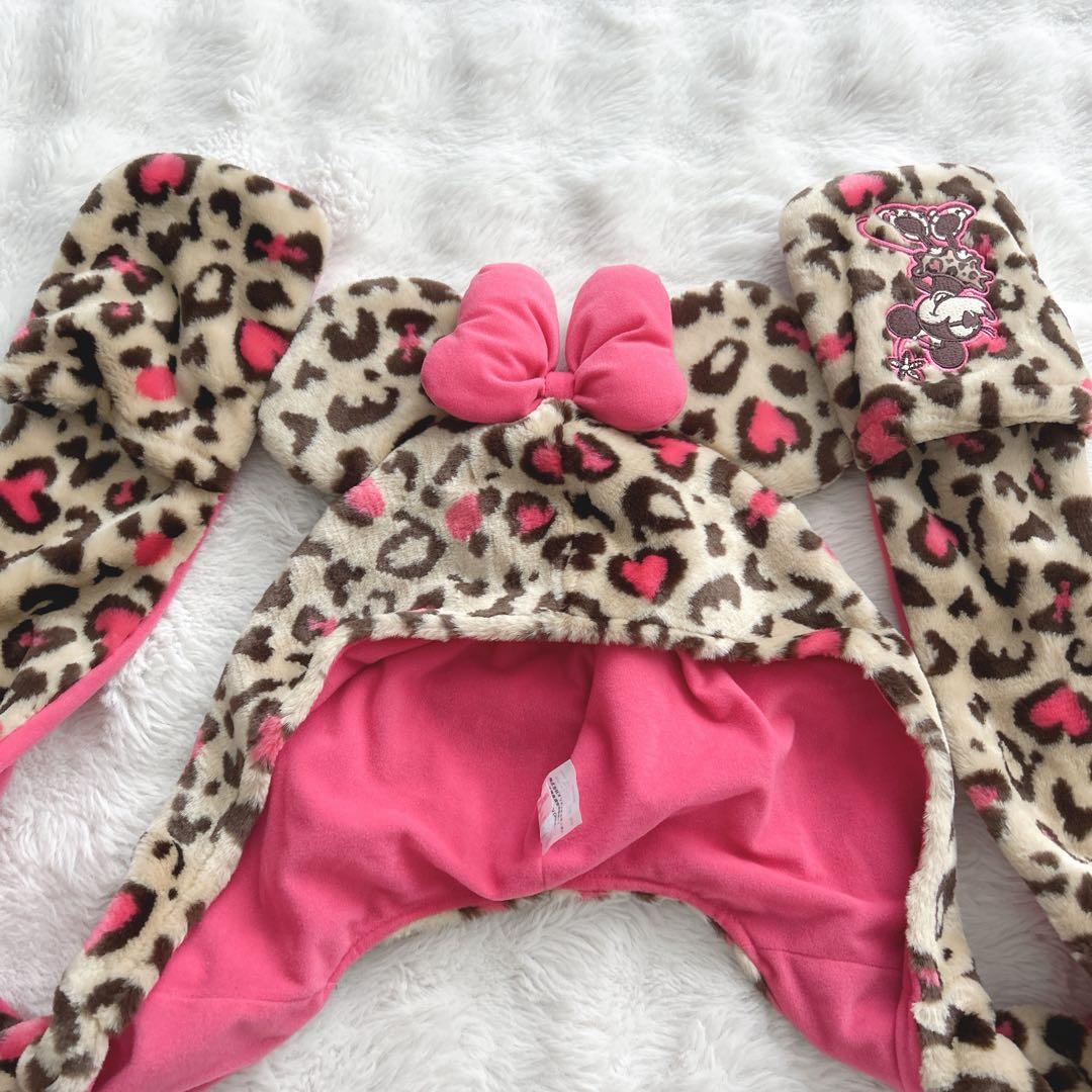 美品✨ディズニー☆ヒョウ柄 ファンキャップ マフラー ミニーちゃん