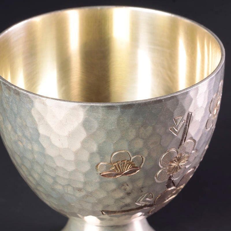 人間国宝 奥山峰石 純銀 ぐい呑 紅白梅 台付 銀製 グラス silver 杯