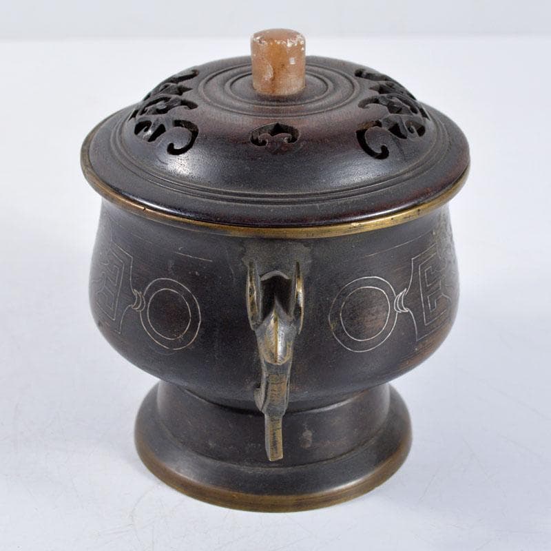 中国 古銅 象嵌神獣文 香炉 透かし唐木蓋 合せ箱 H R4659 - メルカリ