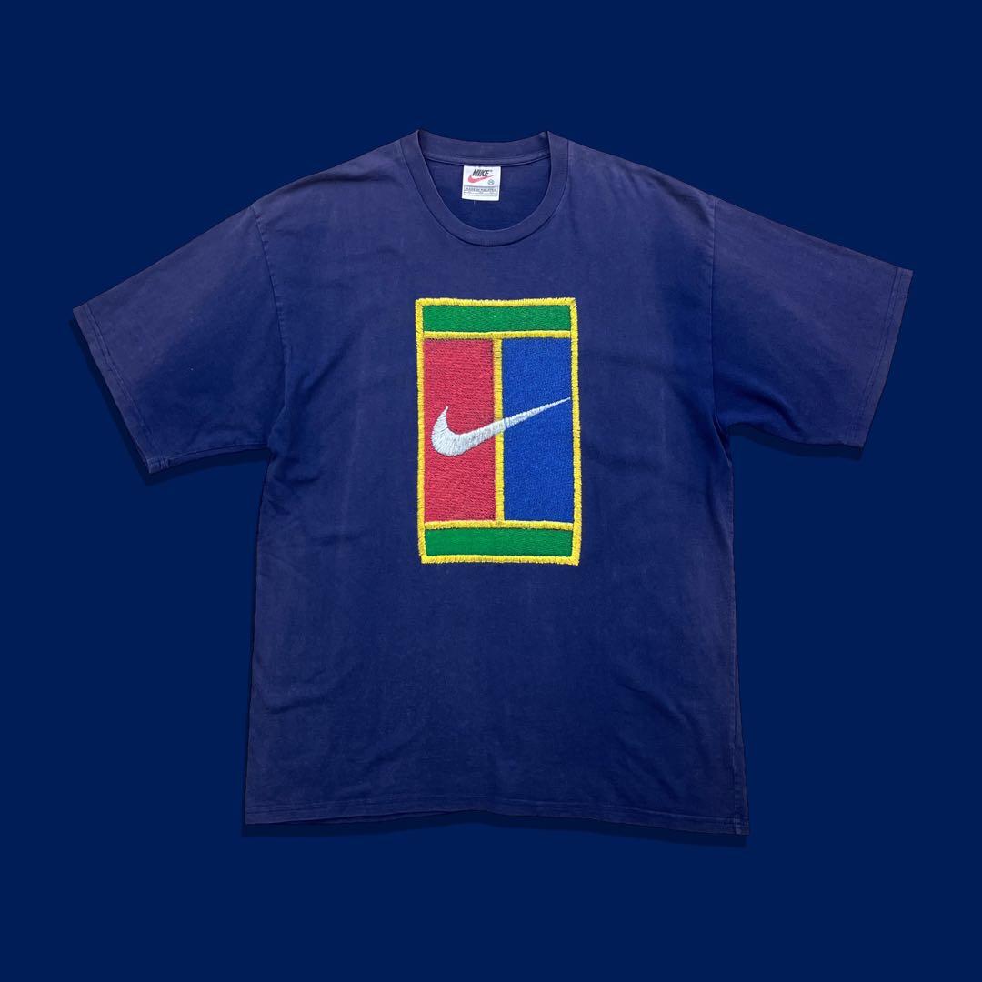 90s NIKE ナイキ 白タグ ヴィンテージTシャツ テニスロゴ ネイビー