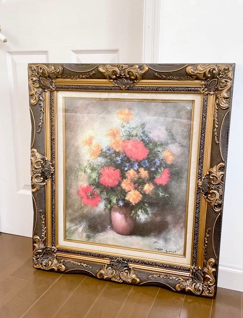 フランス アンティーク ピエール・ソレル 花 花瓶 油絵 額縁 絵画 名画