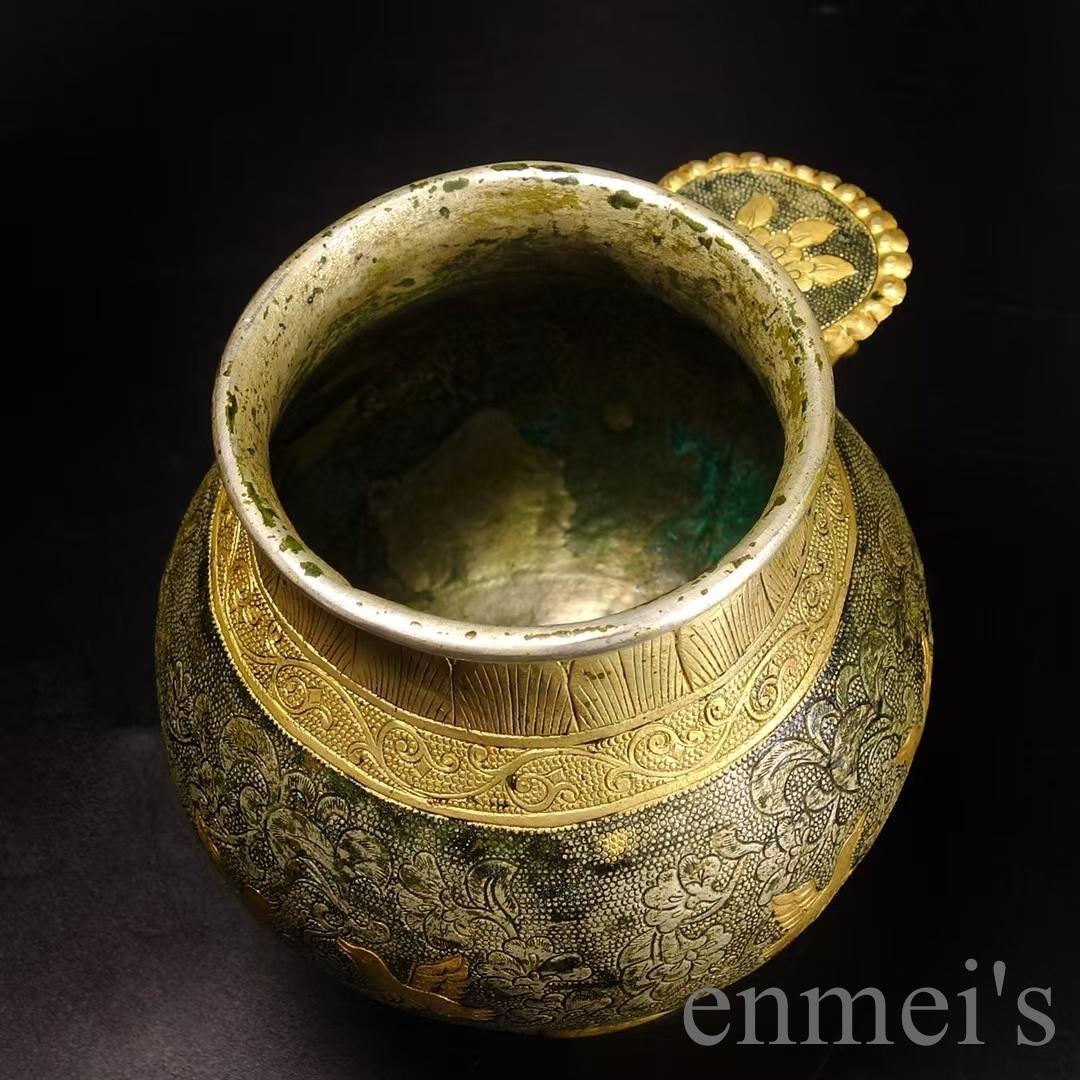 中国古美術 唐風 描金 純銅製 鏨刻罐 供物器 細密細工 置物 賞物 擺件