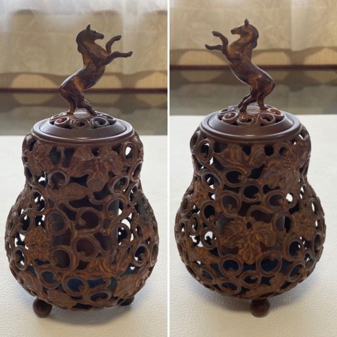 名取川雅司 高岡銅器 香炉 瓢箪 馬 干支 午 透し 置物 美術 工芸品
