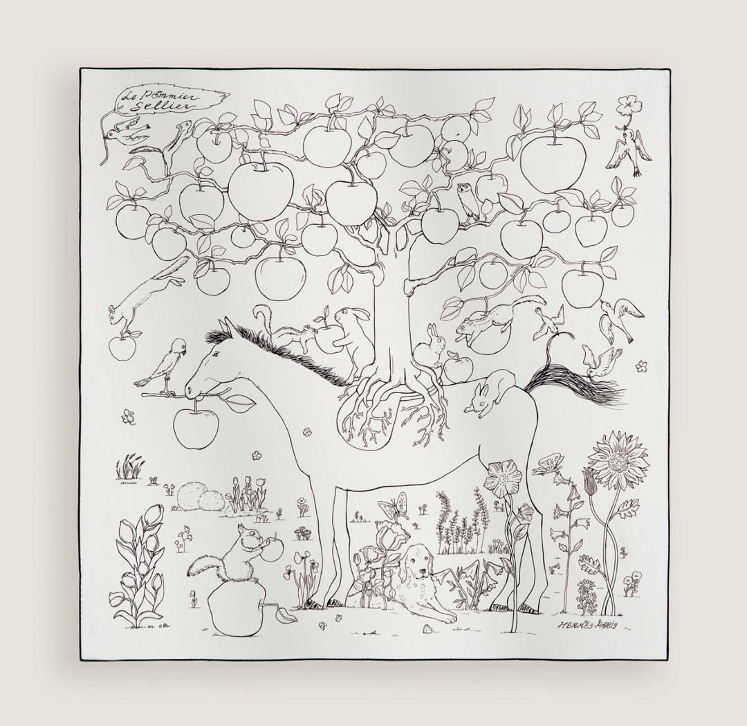 値下げ！新品 エルメス カレ 90 《ル・ポミエ・セリエ》 白黒 26春夏