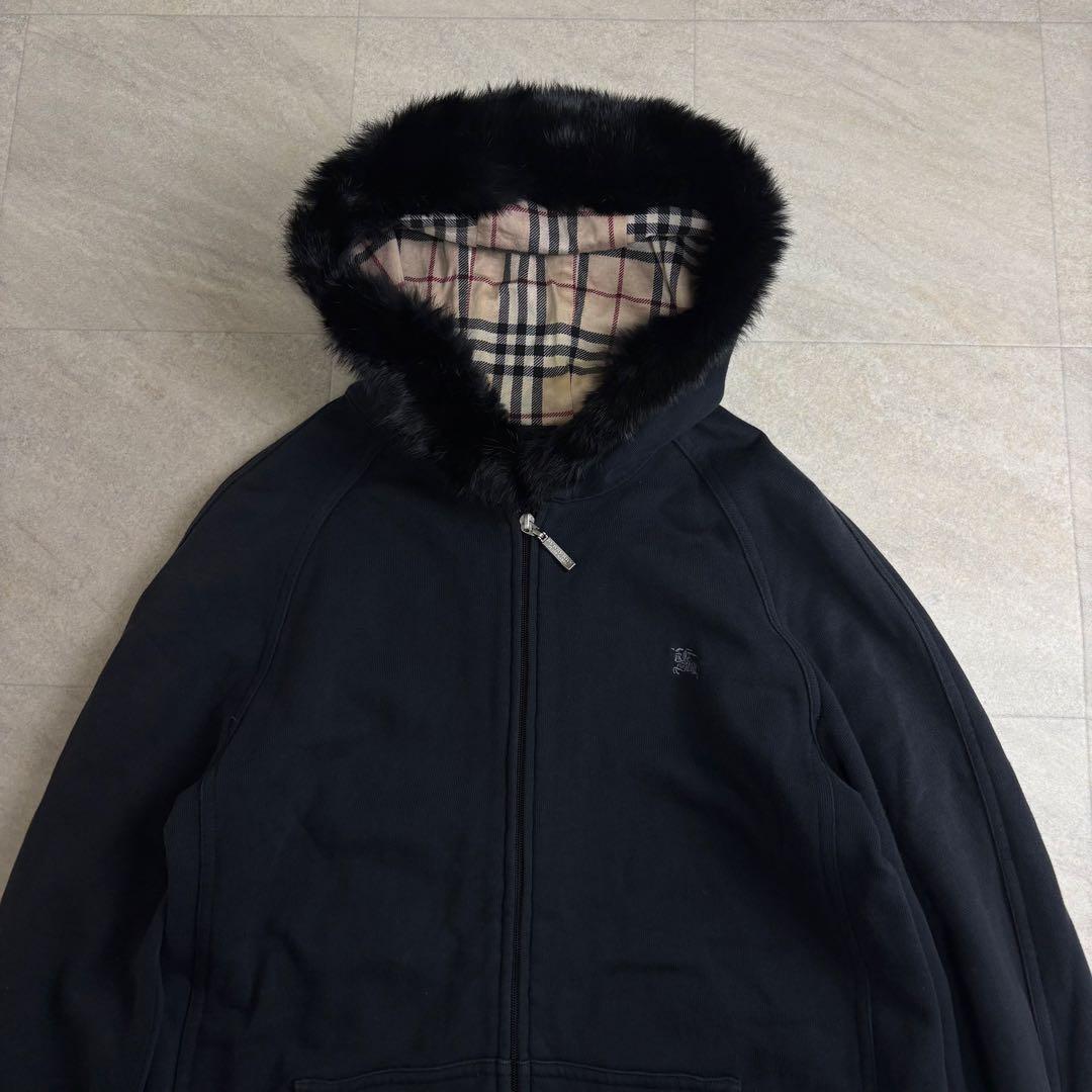 バーバリーブラックレーベル ファー付き パーカー ノバチェック ラビット M