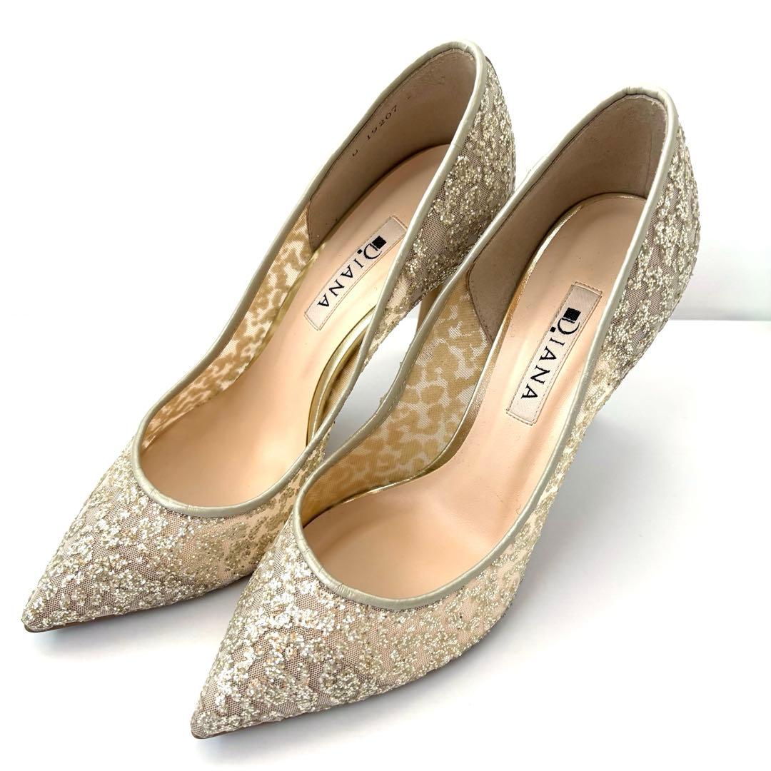 DIANA グリッターチュールパンプス プラチナ 23.5cm