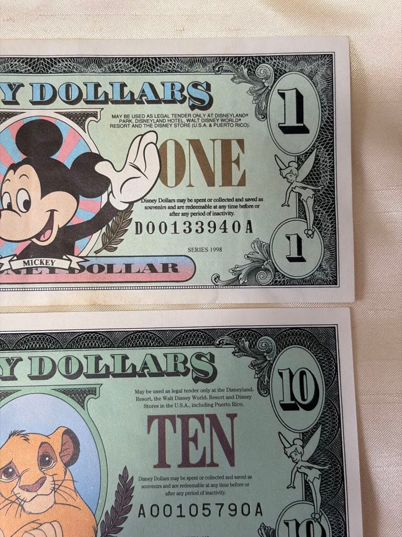 美品Disney Dollars 封筒付1990年代 $1 $5 $10