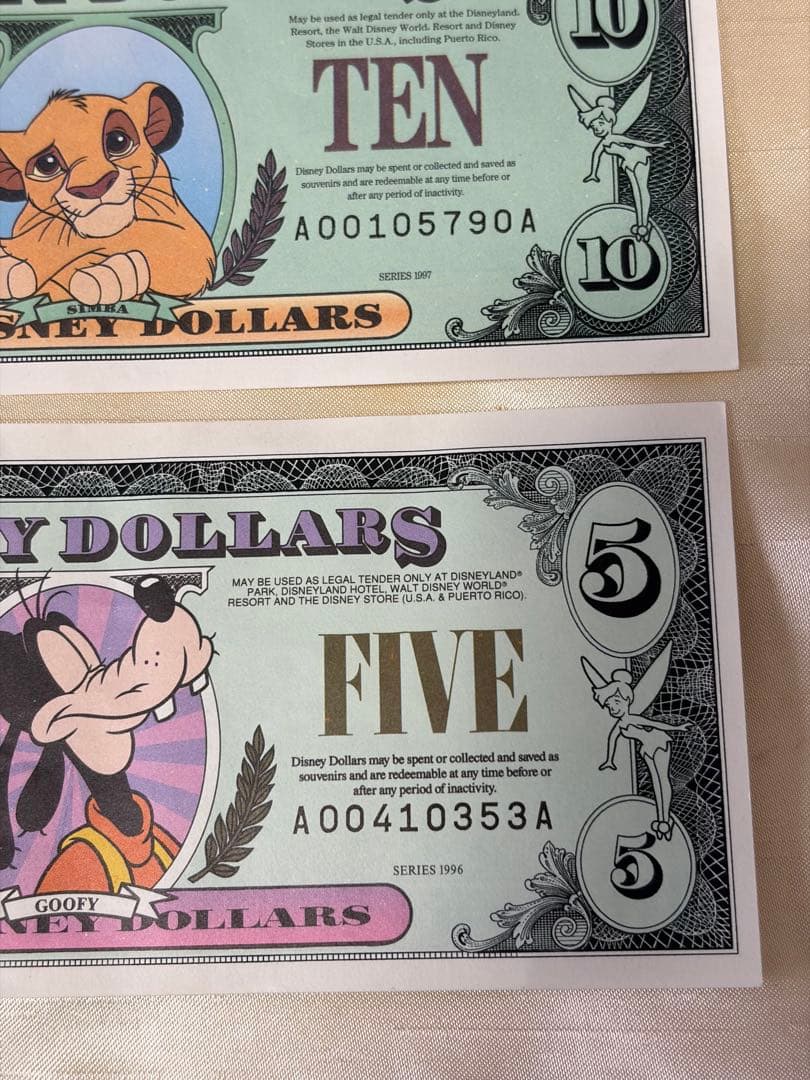 美品Disney Dollars 封筒付1990年代 $1 $5 $10
