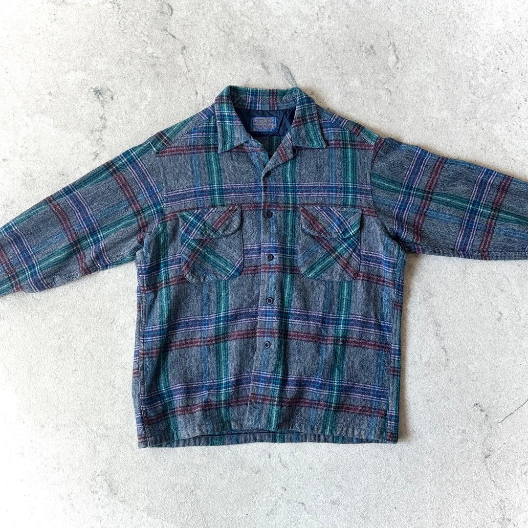 70s ペンドルトン USA製 ウール 開襟 チェック ボードシャツ グレー