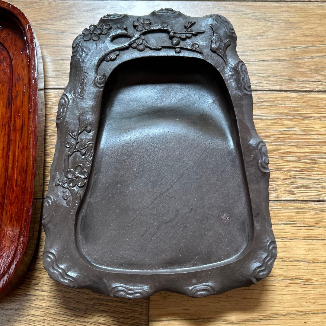 旧蔵コレクション【中国貴重端渓古硯】大き目サイズ四辺細工彫刻梅鶯図