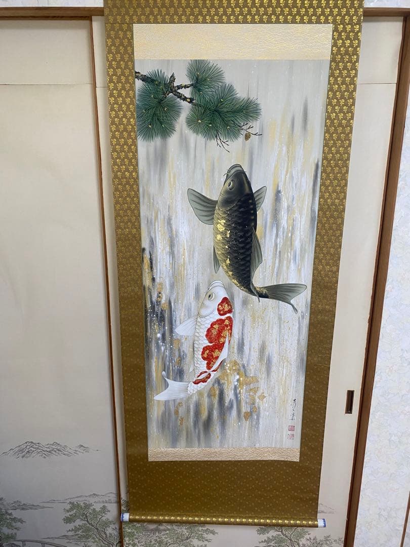 掛け軸 加藤清人作 夫婦鯉の滝登り図 共箱 美術年鑑掲載 縁起物 開運 掛け軸 加藤清人作 夫婦鯉の滝登り図 共箱 美術年鑑掲載
