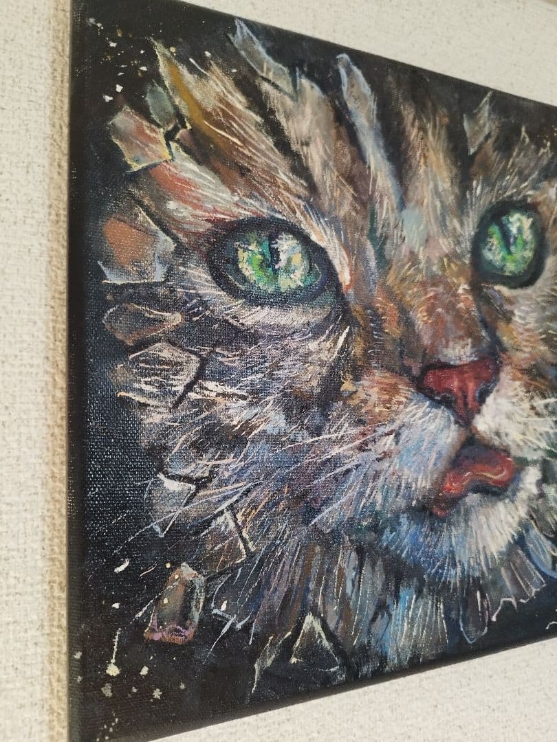 油彩画『如意猫守』 一点物 原画 アート 開運