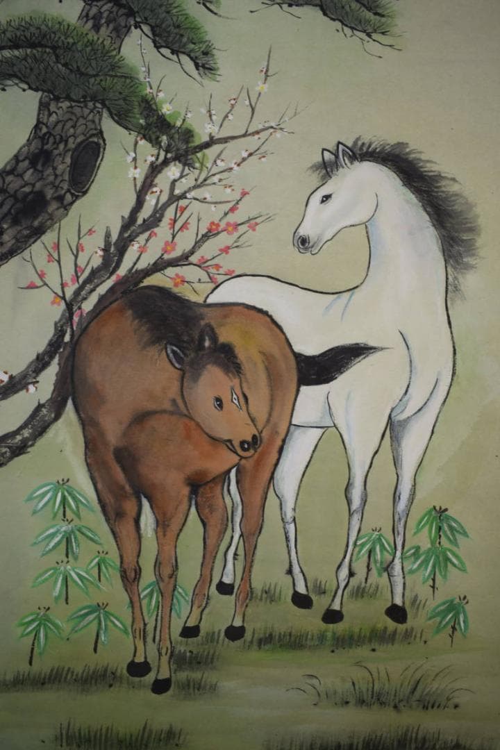 真作/若雪/松竹梅双馬図/桐共箱付/布袋屋掛軸HF-657