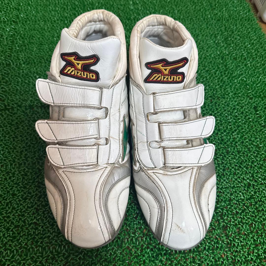 ミズノプロ オーダー 野球スパイク 27.5cm 白×緑 ベルクロ 6番刺繍