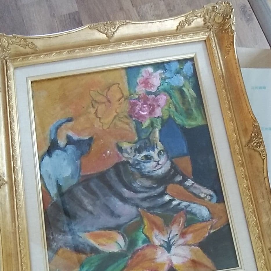 ＊猫油絵　油彩 『猫と花』6F 亀本よし子 (直筆サイン入り)