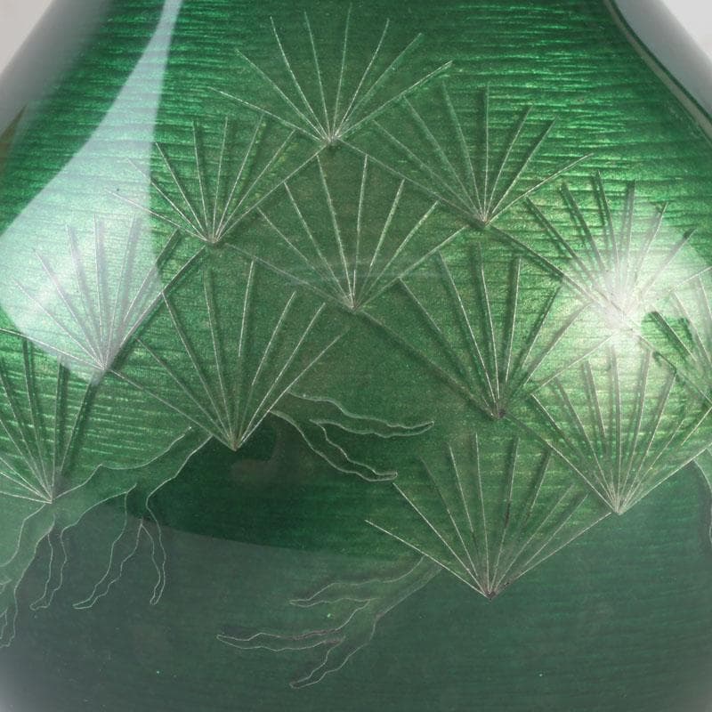 七宝焼 緑釉 松文 花瓶 共箱 V 9827