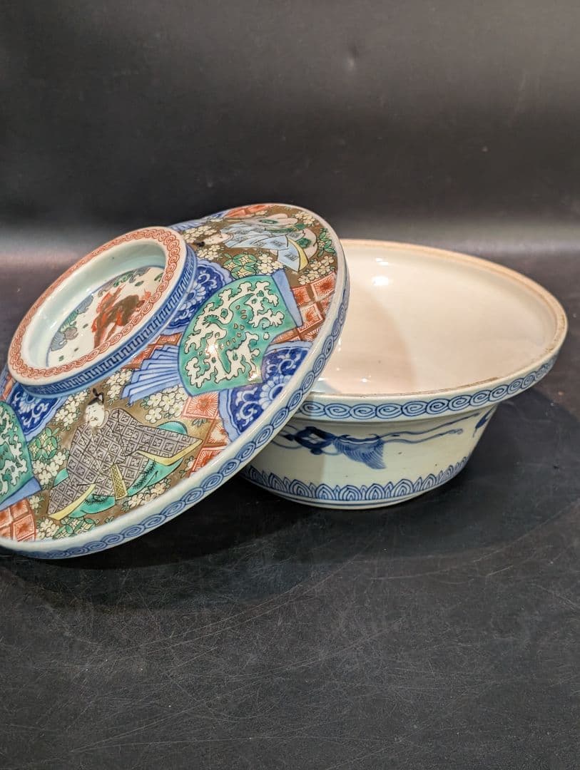 江戸時代 古伊万里 金襴手 歌仙図 大蓋物美品 鳳凰 大平鉢 食籠 金彩