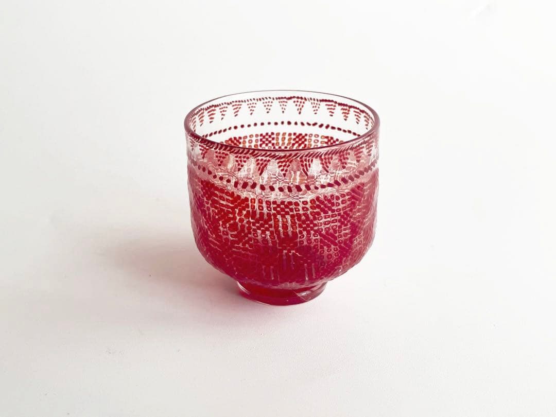 ガラス作家　江波冨士子　茜小紋　盃　酒器　硝子盃　小西潮　sake cup 江波冨士子：sake cup「花の庭」 | filament store