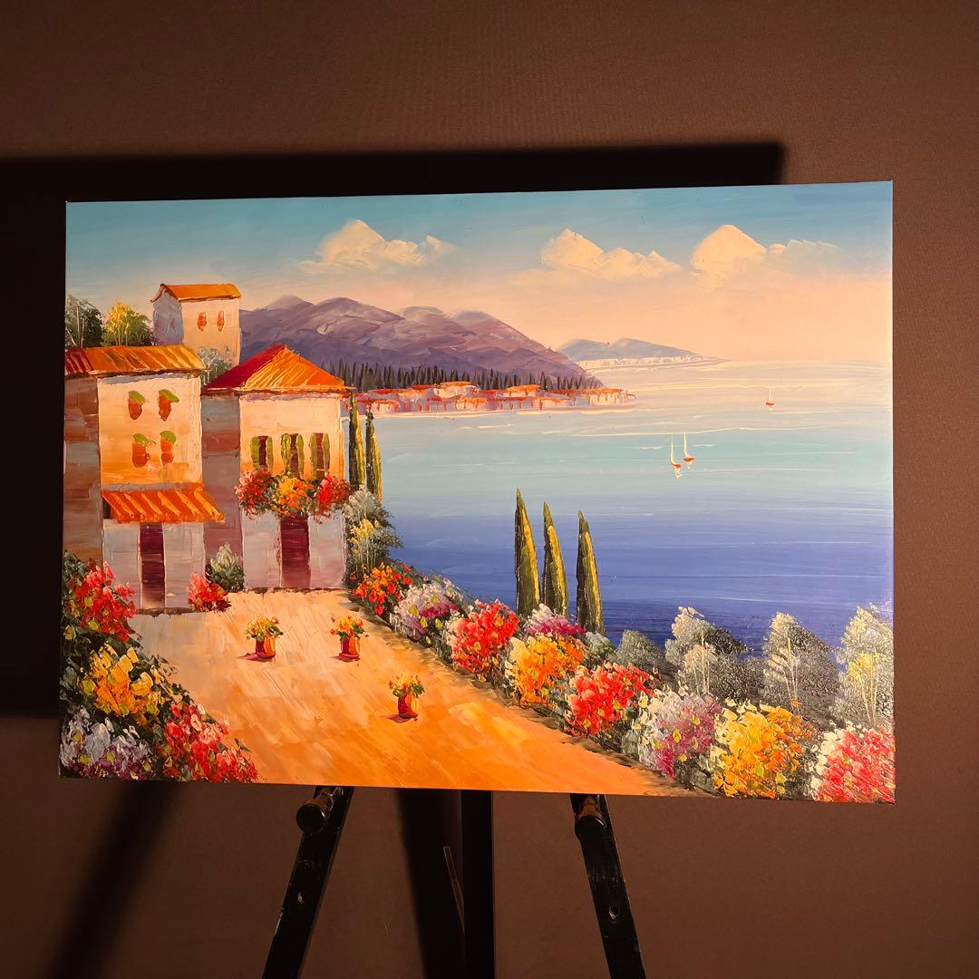 （大型）手書き油絵 地中海の風景 肉筆絵画 インテリア 油彩画 手書き油絵 地中海の風景 額付 絵画 インテリア 油彩画 - メルカリ