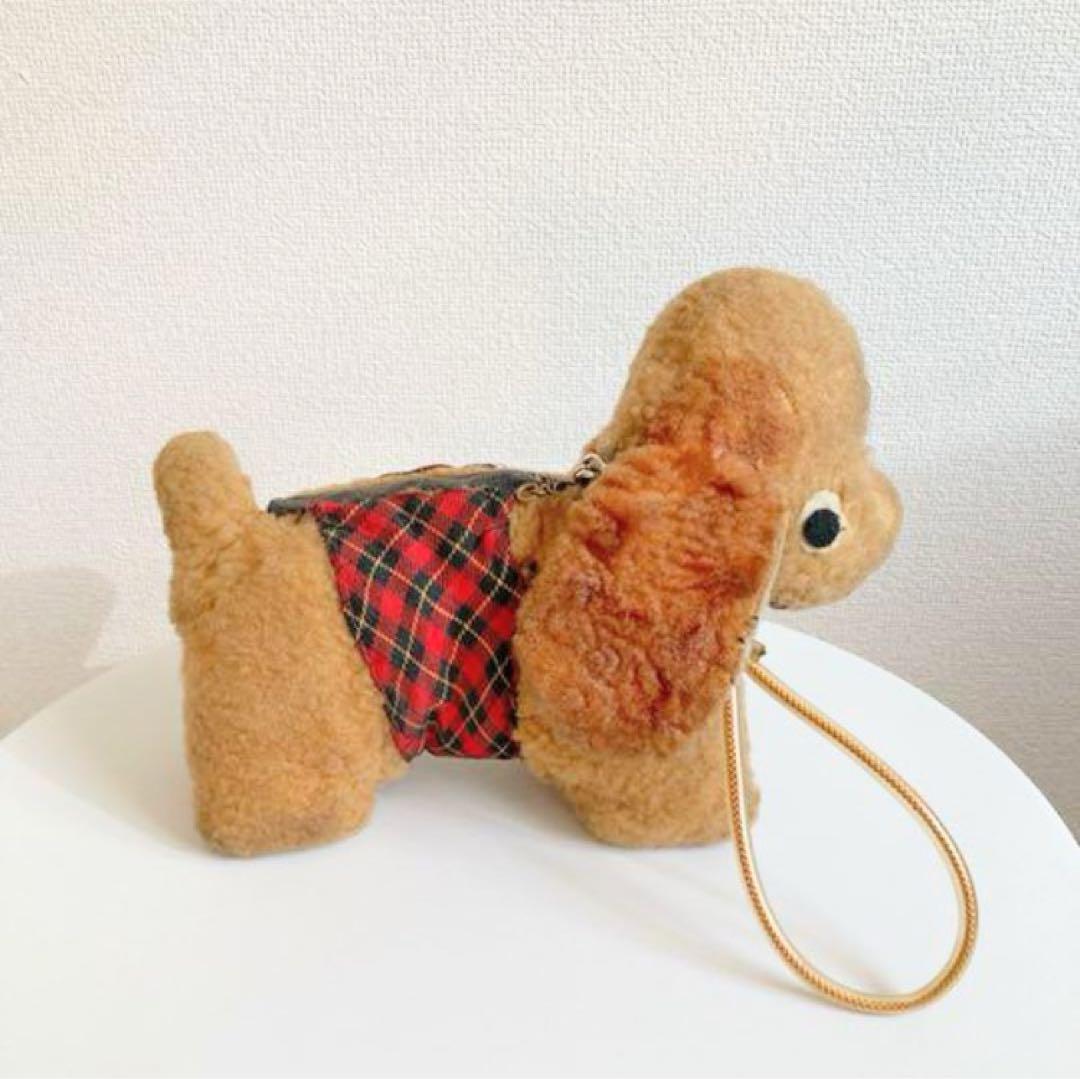 【1960年代当時物】昭和レトロ 犬 ぬいぐるみポーチ 木毛詰め ヴィンテージ