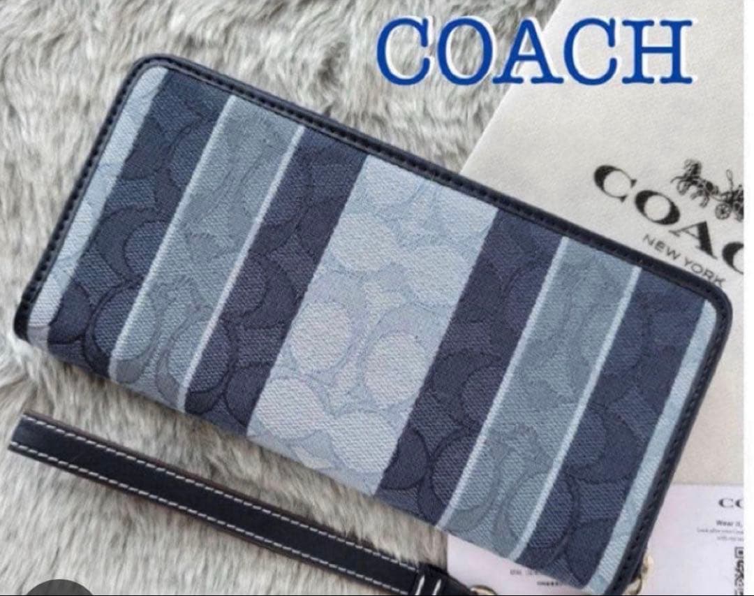 COACH長財布シグネチャーデニムジャガード.ストライブブルー男女兼用