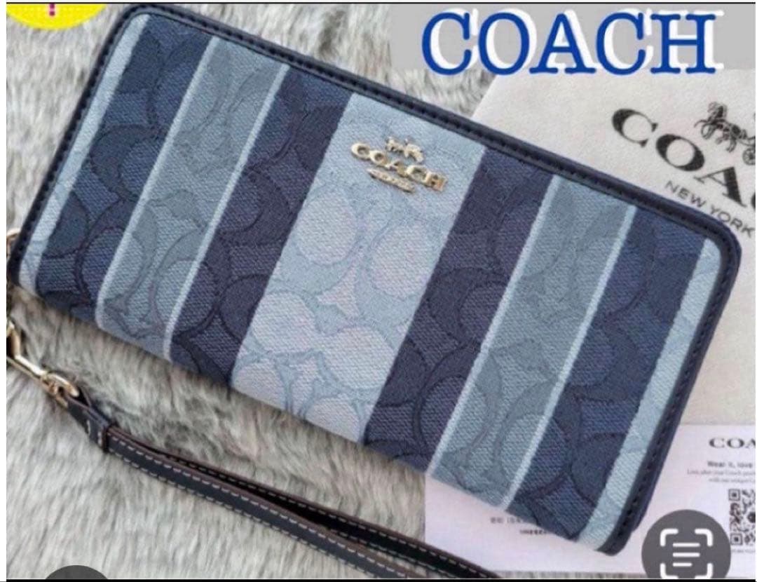 COACH長財布シグネチャーデニムジャガード.ストライブブルー男女兼用